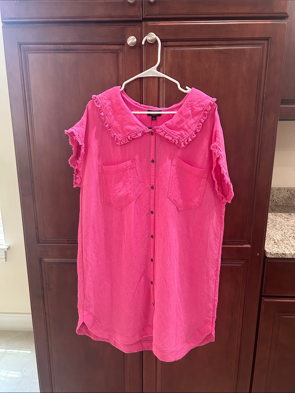 Gigio Pink Ruffle-Collar Shirt Dress